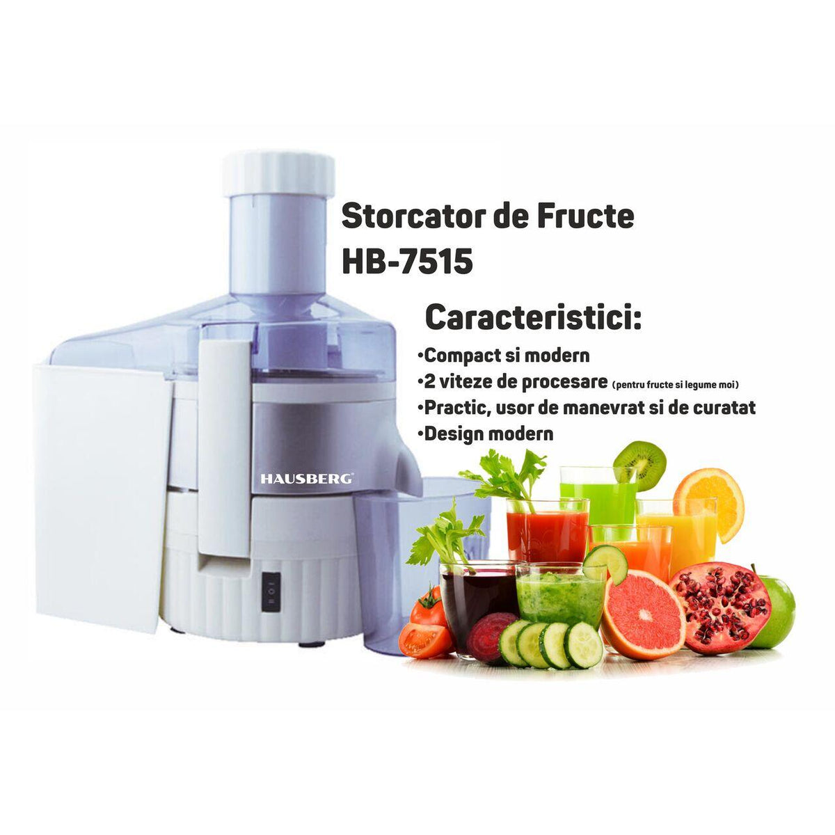 Storcator de Fructe Hausberg HB-7515, 800W, Lame Otel Inoxidabil, motor cupru