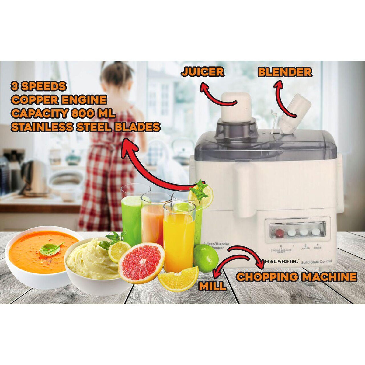Robot De Bucatarie Multifunctional Hausberg HB-7520, 800W, 3 Viteze