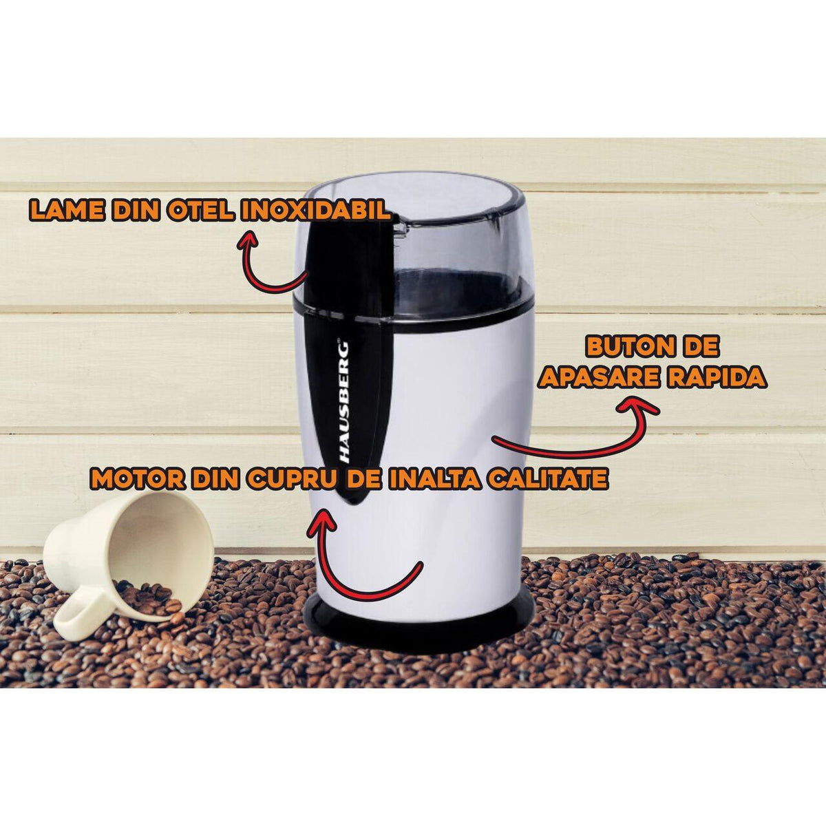 Rasnita electrica cafea HAUSBERG HB-7564AB, 150 - 200W, 70g, motor din cupru, alb