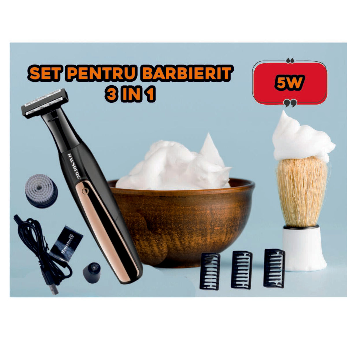 Set Barbierit 3 in 1 Hausberg HB-75AU, putere 5W, voltaj 3.7V, Negru-Auriu