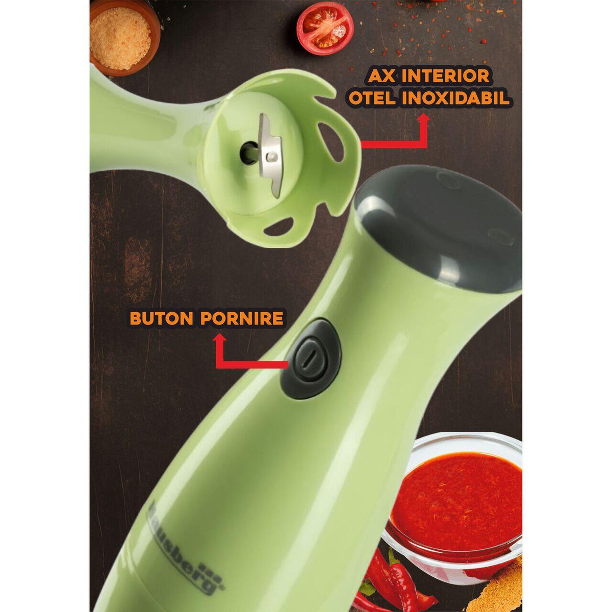 Blender de mana Hausberg HB-7669VR, 350 W, Lama din otel inoxidabil, Ax interior din otel inoxidabil, Verde