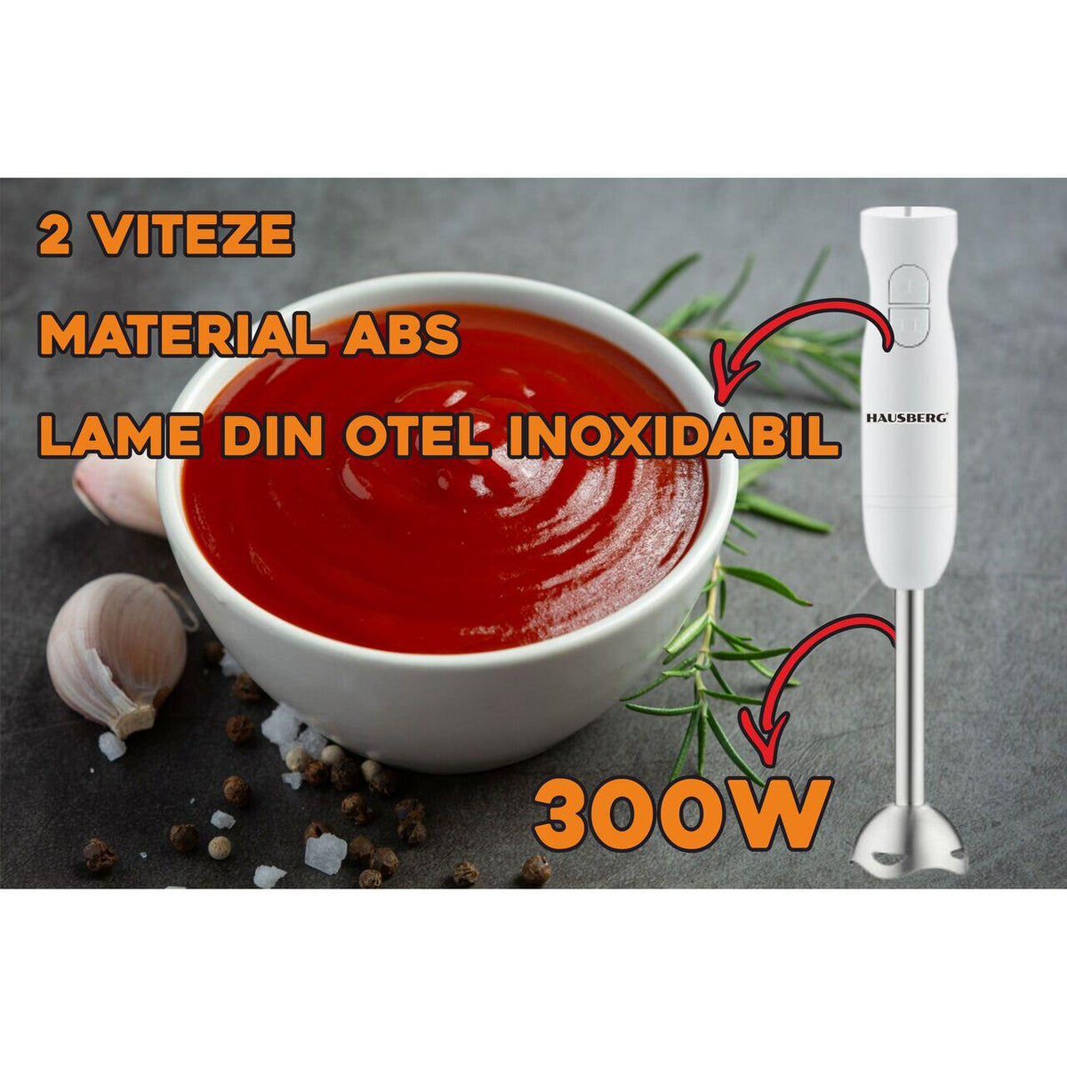 Blender de mana HAUSBERG HB-7674AB, 300W, 2 viteze, material ABS, lame din otel inoxidabil, Alb