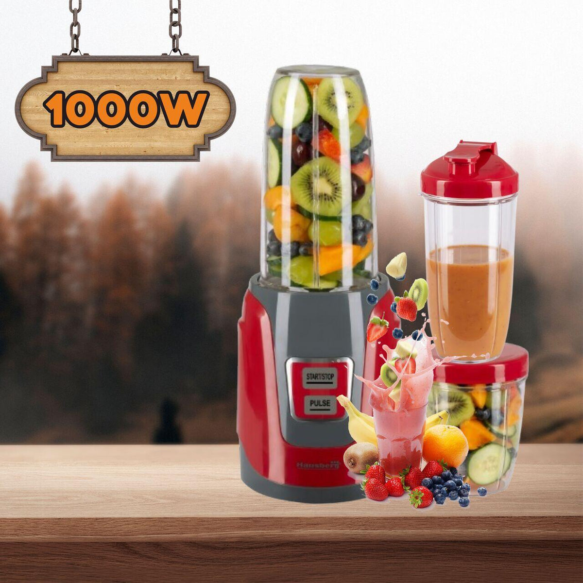 Blender Hausberg HB-7675RS Rosu ,Putere 1000W, Capacitate 1000ml, motor de cupru