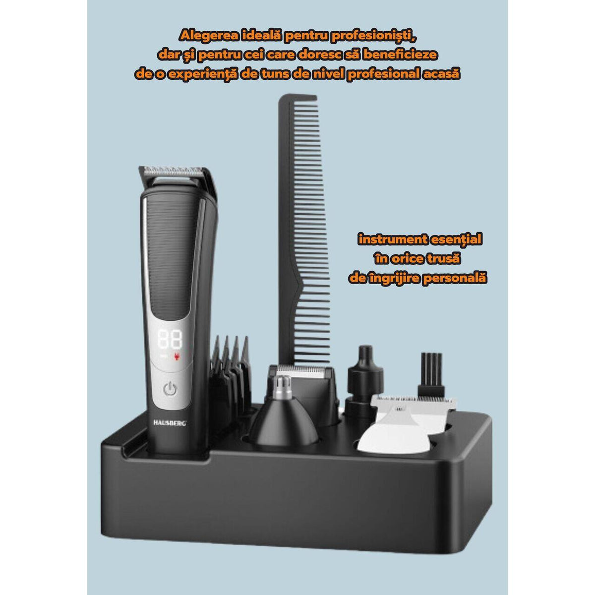 Set aparat de tuns profesional HAUSBERG HB-76GR, accesorii, autonomie 120 min, 5W, afisaj LCD