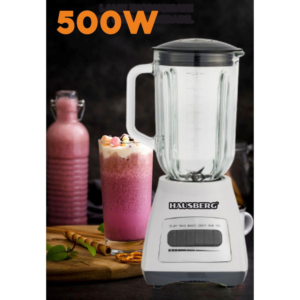 Blender cu rasnita HAUSBERG HB-7772AB, 400-500W, Capacitate 1.5L, Bol din Sticla, 4 Viteze, Lame din Inox, Alb