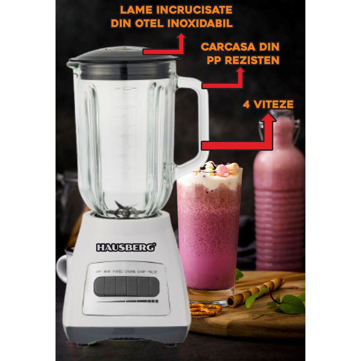Blender cu rasnita HAUSBERG HB-7772AB, 400-500W, Capacitate 1.5L, Bol din Sticla, 4 Viteze, Lame din Inox, Alb