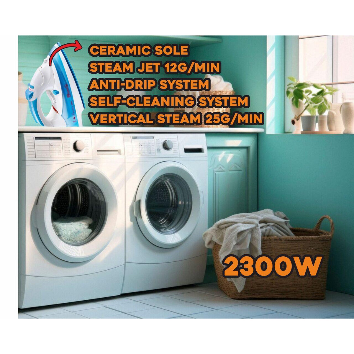 Fier de calcat Hausberg HB-7805BL, 2300W, 165ml, talpa ceramica, jet abur 12g/min, abur verticala 25g/min, sistem antipicurare, sistem autocuratare