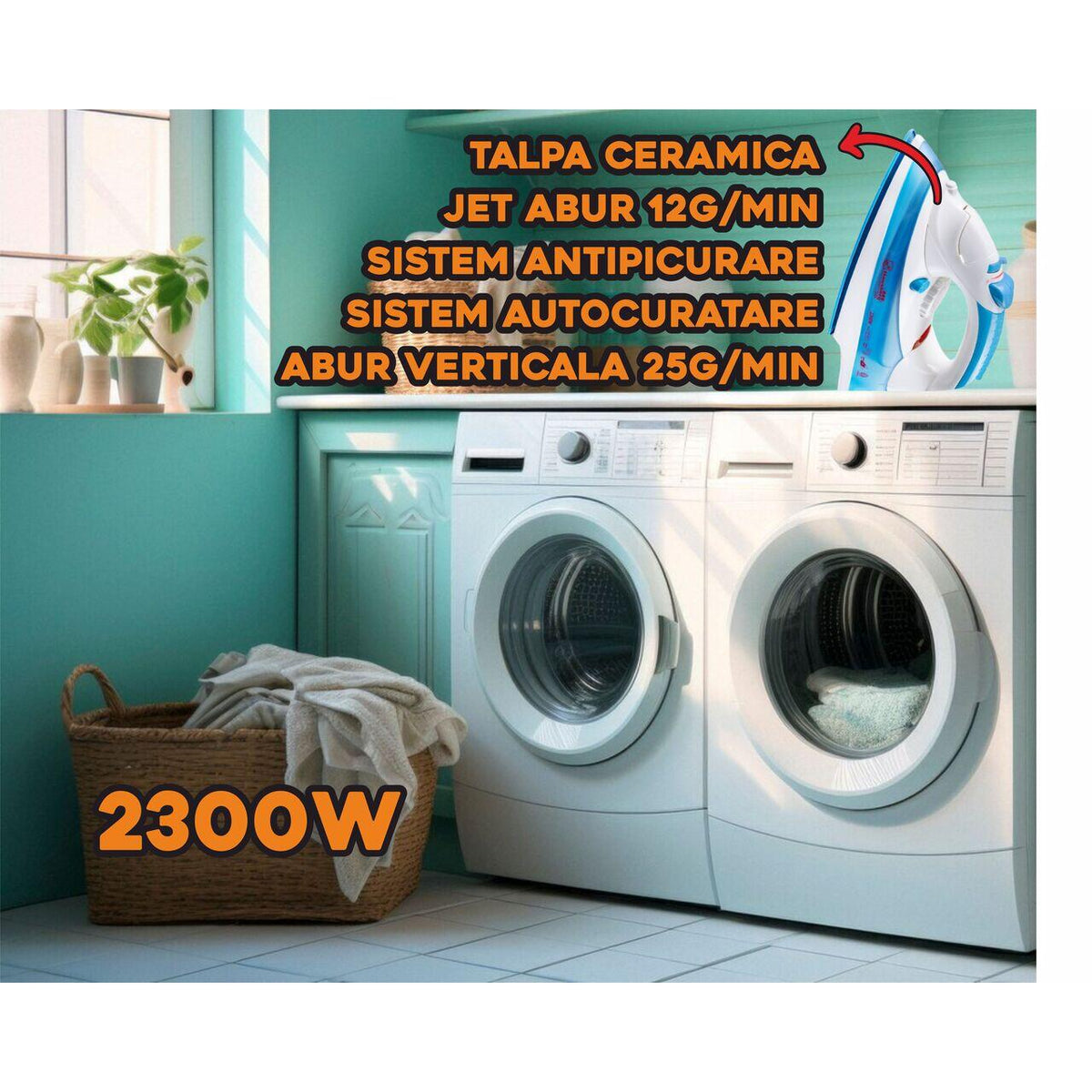 Fier de calcat Hausberg HB-7805BL, 2300W, 165ml, talpa ceramica, jet abur 12g/min, abur verticala 25g/min, sistem antipicurare, sistem autocuratare