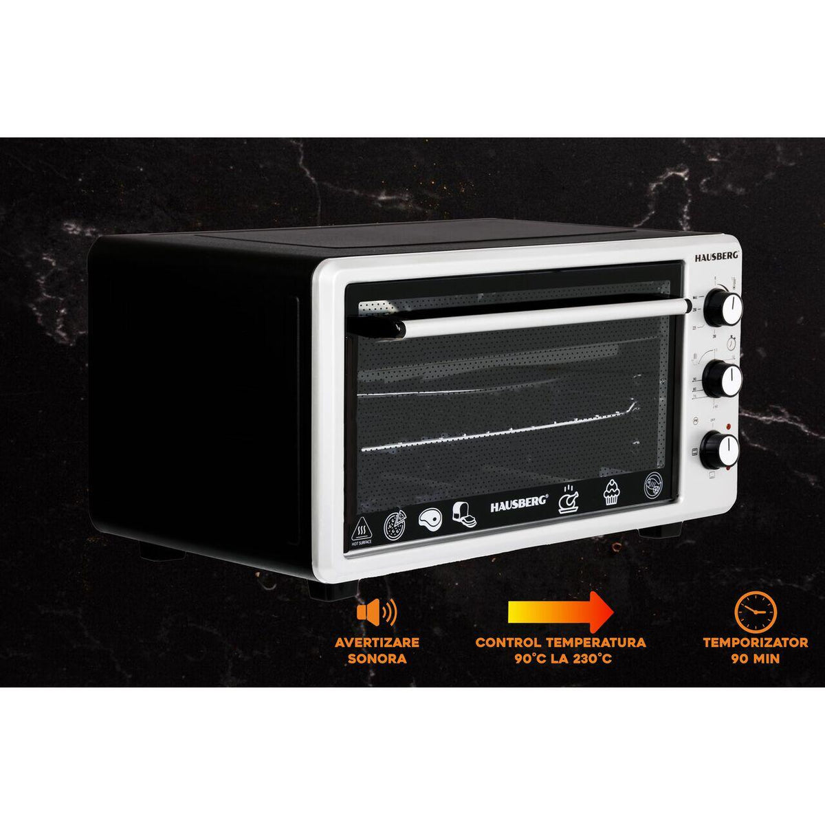 Cuptor Electric Hausberg HB-8000P capacitate 48 Litri, putere 1800W, Temperatura maxima 230 grade, timer prevazut cu alarma sonora