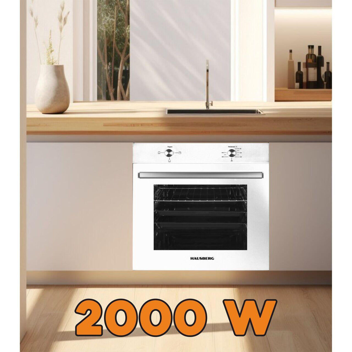 Cuptor incorporabil Hausberg HB-8051AB, Electric, Putere 2000 W, 76 l, 4 Functii, Clasa A, Alb