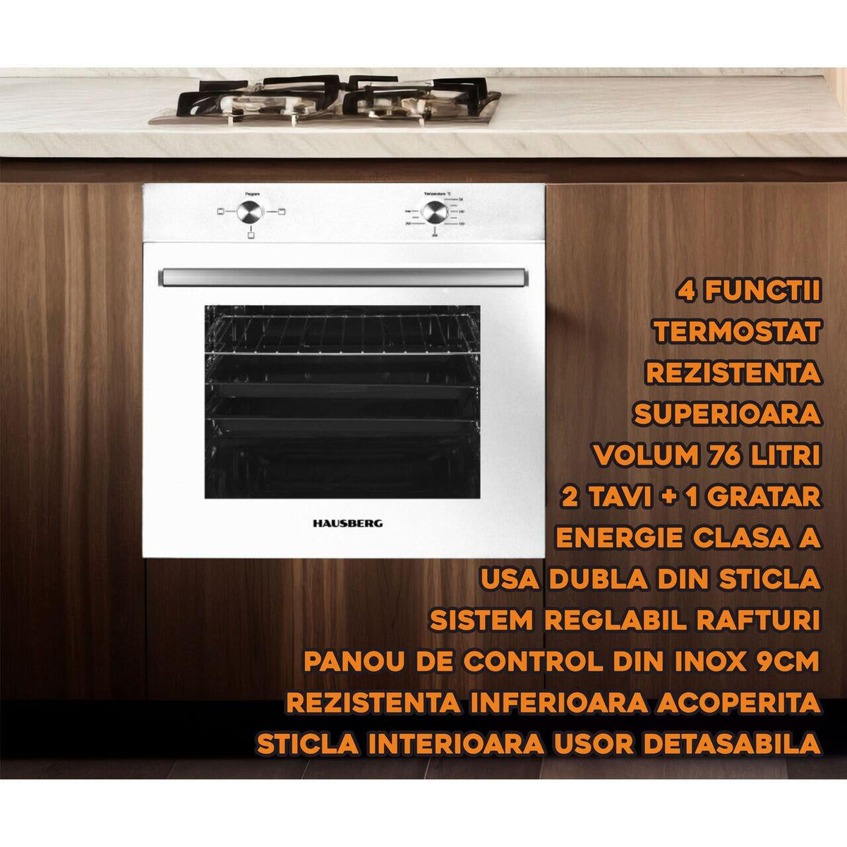 Cuptor incorporabil Hausberg HB-8051AB, Electric, Putere 2000 W, 76 l, 4 Functii, Clasa A, Alb