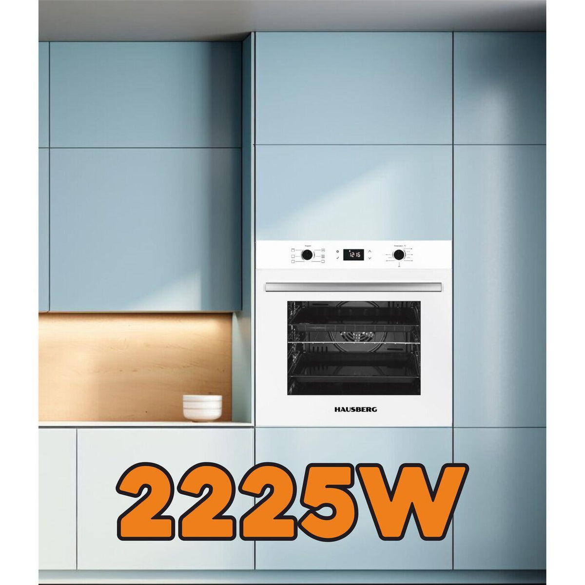 Cuptor electric incorporabil Hausberg HB-8054AB, Clasa A, volum 71L, putere 2225W, panou sticla termoizolant, termostat, timer, 8 functii, ventilatie, Alb