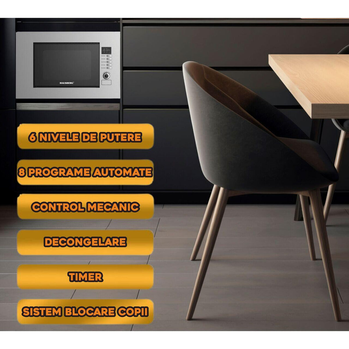Cuptor cu microunde incorporabil HAUSBERG HB-8065IN, 20 litri, Putere: 230V, 50Hz, 700W, 900W putere grill, 1200W putere de intrare, 6 nivele de putere, 8 programe automate, control mecanic, decongelare, timer, sistem blocare copii, argintiu