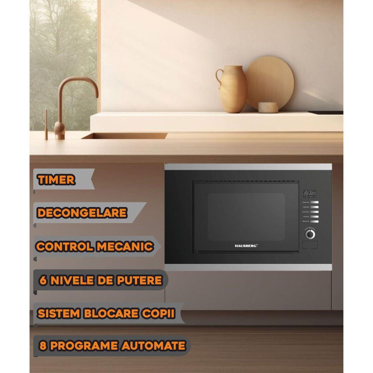 Cuptor cu microunde incorporabil HAUSBERG HB-8065NG, 20 litri, 1200 W, 6 nivele de putere, 8 programe automate, control mecanic, decongelare, timer, sistem blocare copii, negru