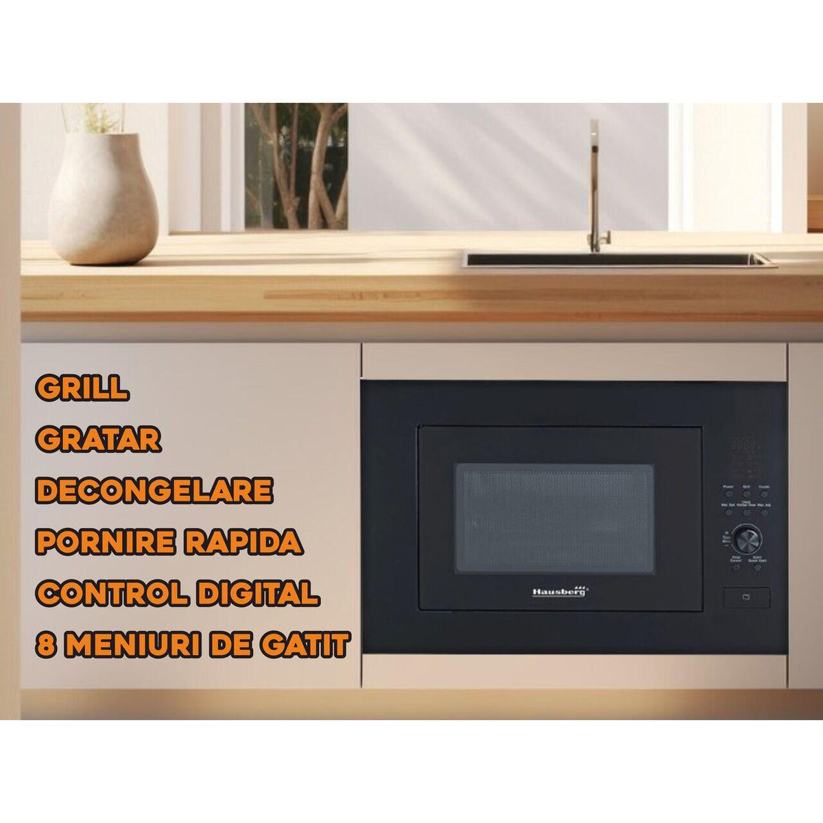 Cuptor cu microunde incorporabil Hausberg HB-8070NG, 25 l, Putere nominală de ieșire a cuptorului cu microunde: 900W, putere de intrare: 1400W, putere grătar: 1000W, Grill, Control digital, Negru