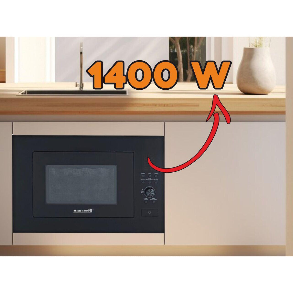Cuptor cu microunde incorporabil Hausberg HB-8070NG, 25 l, Putere nominală de ieșire a cuptorului cu microunde: 900W, putere de intrare: 1400W, putere grătar: 1000W, Grill, Control digital, Negru