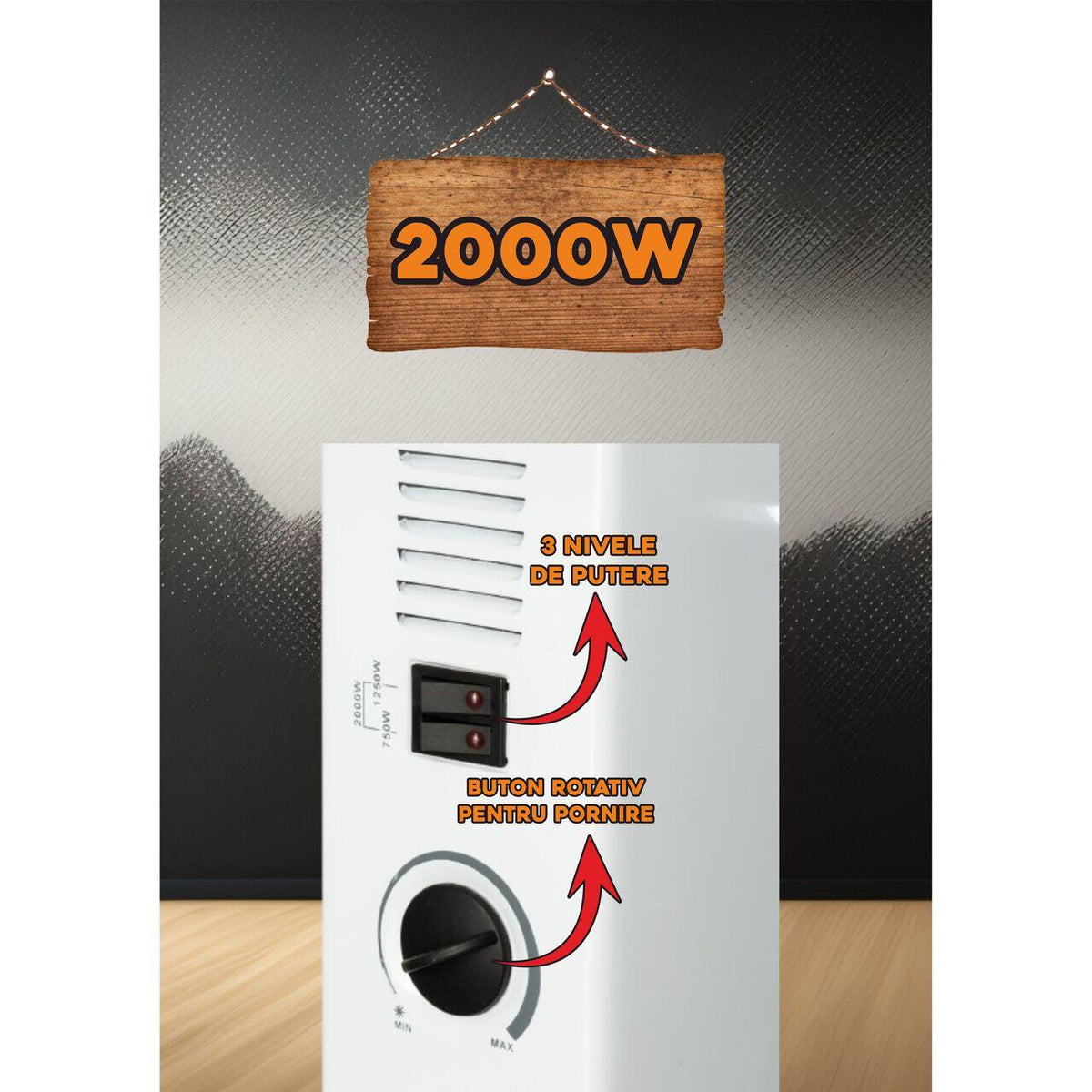 Convector electric Hausberg HB-8200, 2000 W, 3 nivele de putere, termostat reglabil