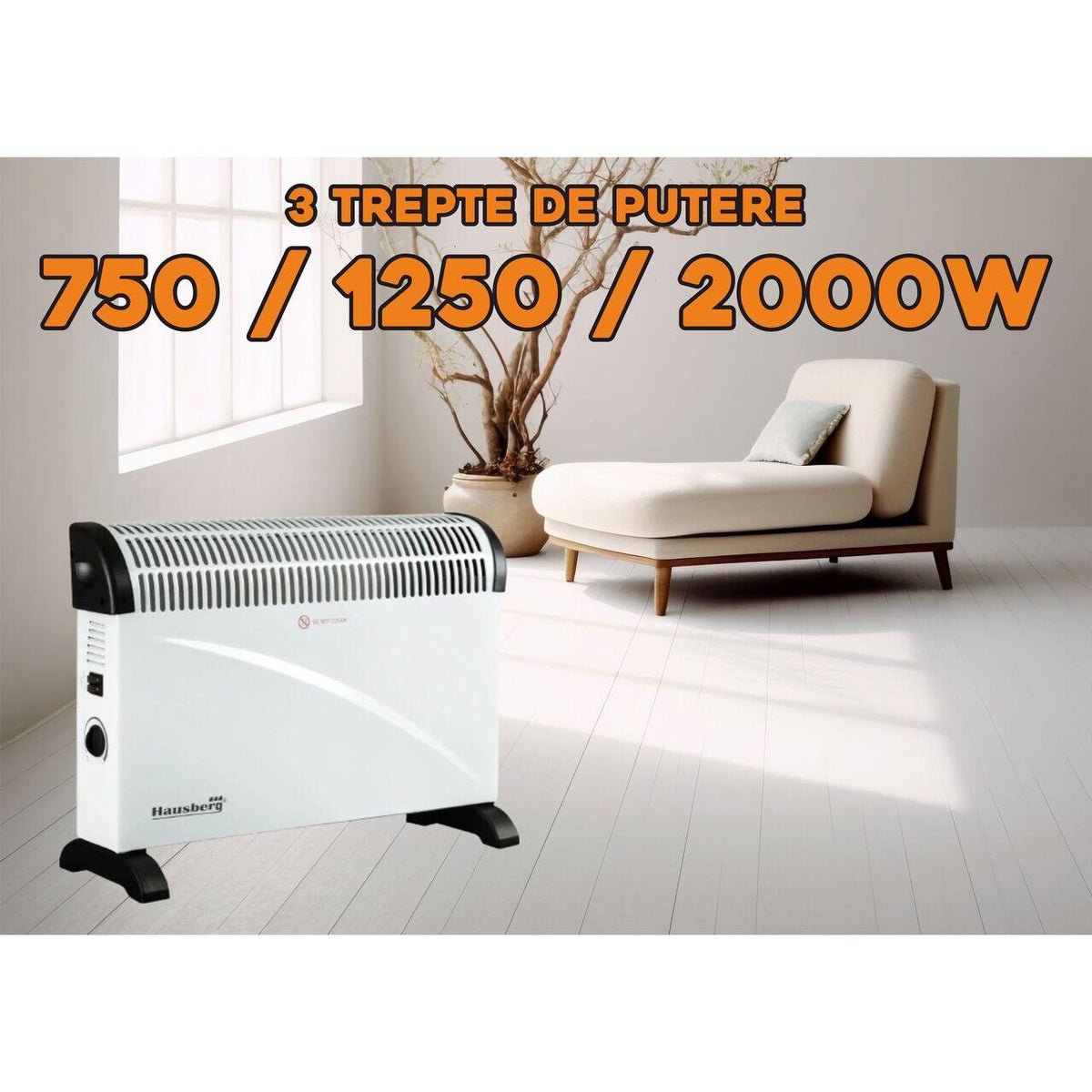 Convector electric HAUSBERG HB-8206, 3 trepte de putere 750/1250/2000W, termostat reglabil, protective supraincalzire, indicator luminos