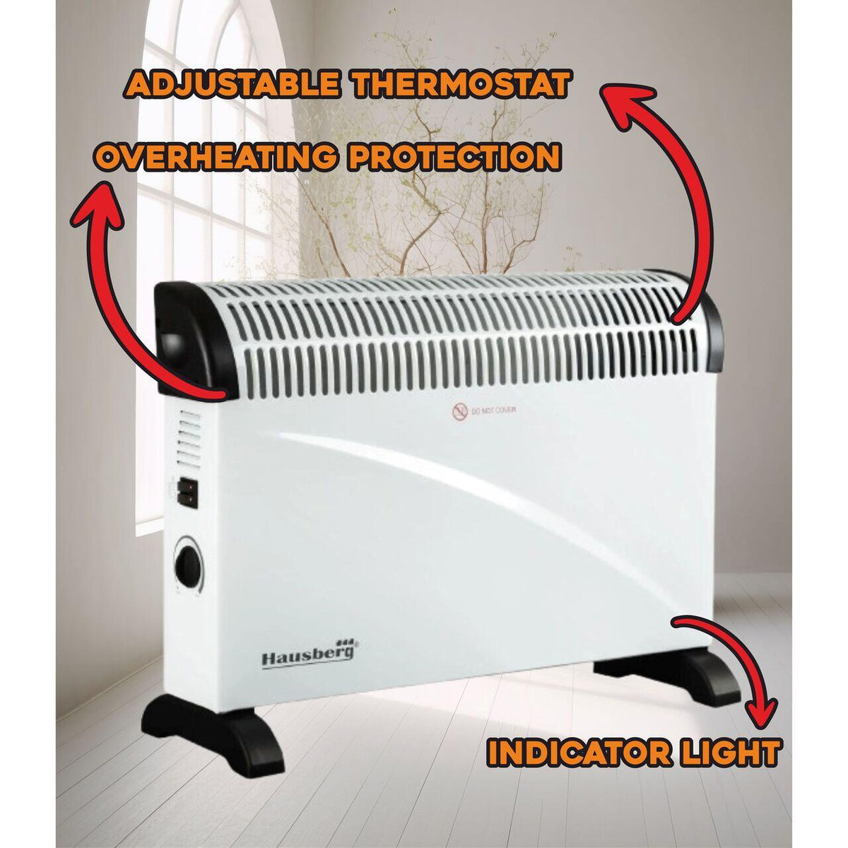 Convector electric HAUSBERG HB-8206, 3 trepte de putere 750/1250/2000W, termostat reglabil, protective supraincalzire, indicator luminos