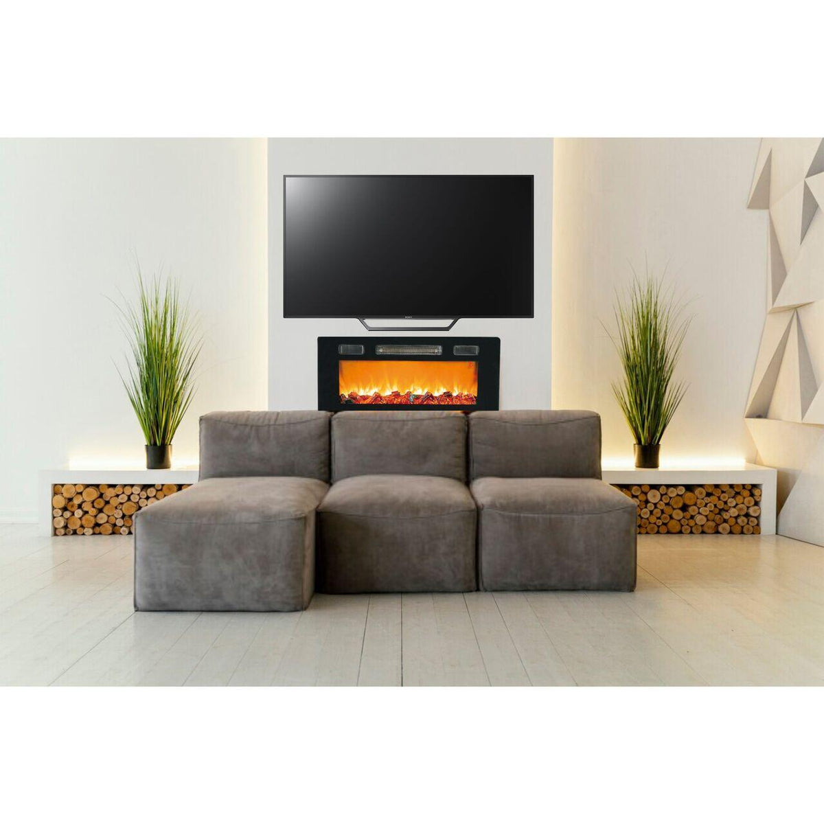 Semineu electric de perete HAUSBERG HB-8225, 1800W, Telecomanda, 3 Niveluri de lucru, Turboventilator, Elect de flacara led culoare portocalie, Termostat reglabil, Fier + sticla