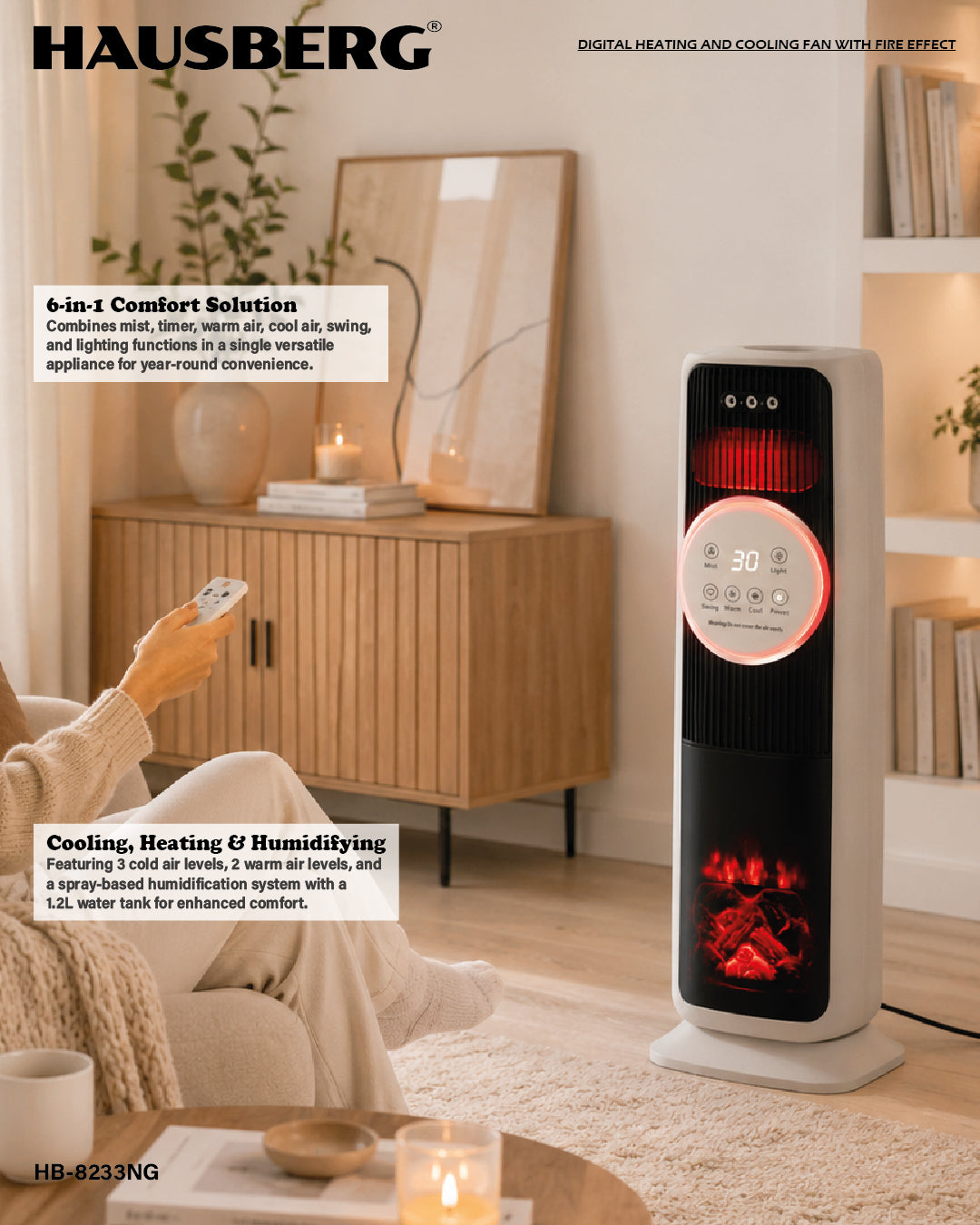 Radiator digital tip turn, cu ventilatie si efect de flacara, Hausberg HB-8233NG