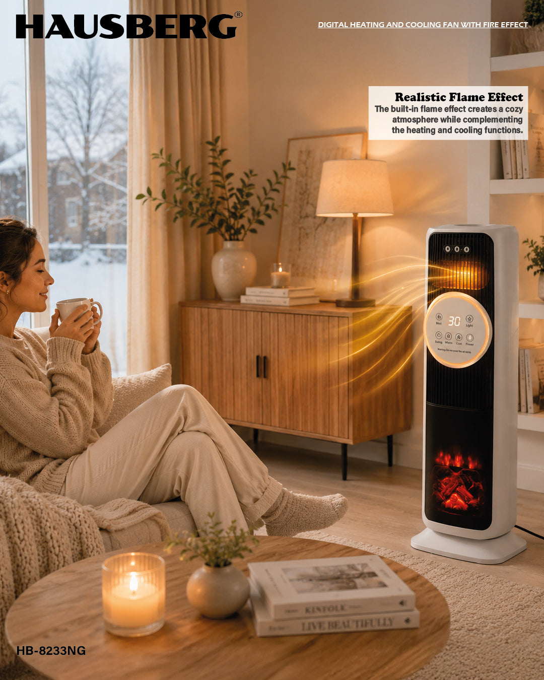 Radiator digital tip turn, cu ventilatie si efect de flacara, Hausberg HB-8233NG