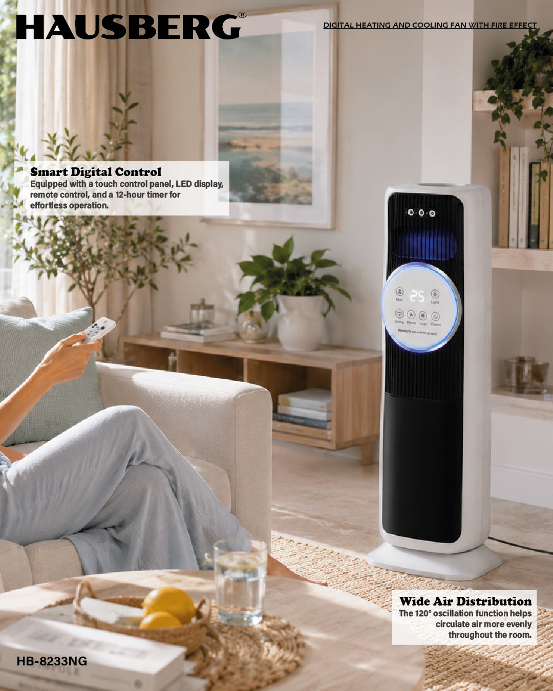 Radiator digital tip turn, cu ventilatie si efect de flacara, Hausberg HB-8233NG