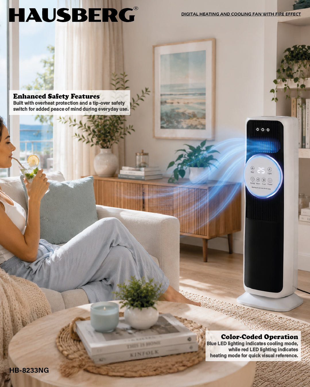 Radiator digital tip turn, cu ventilatie si efect de flacara, Hausberg HB-8233NG