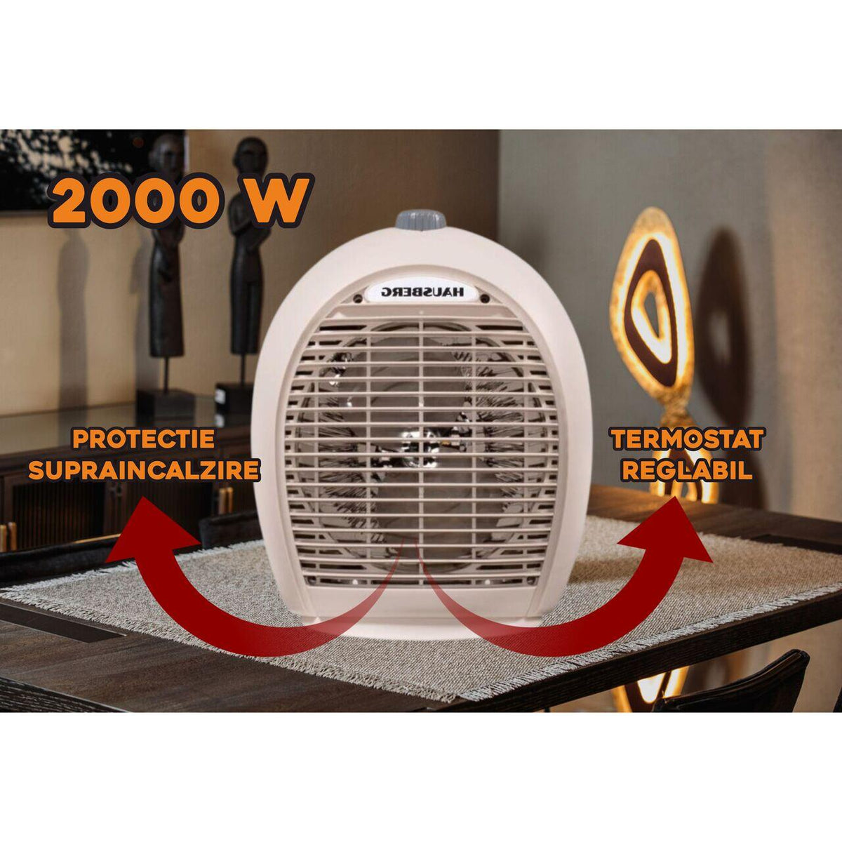 Aeroterma Hausberg HB-8505BJ, 2000 W, 3 trepte de putere, sistem de siguranta, Bej