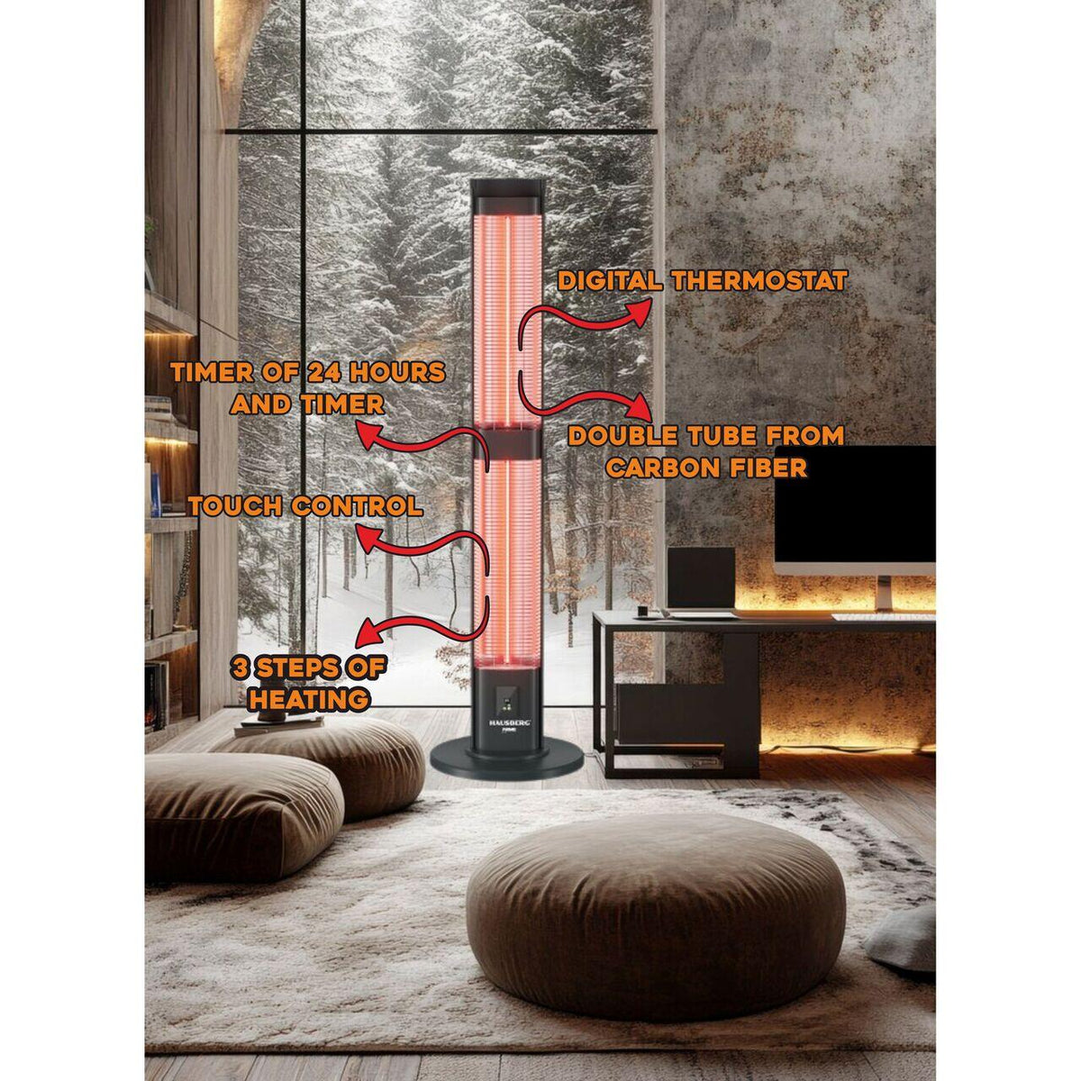 Radiator electric digital cu telecomanda Hausberg HB-8570NG, 3000W, 3 trepte incalzire, tub dublu din fibra de carbon, protectie IP45, termostat digital