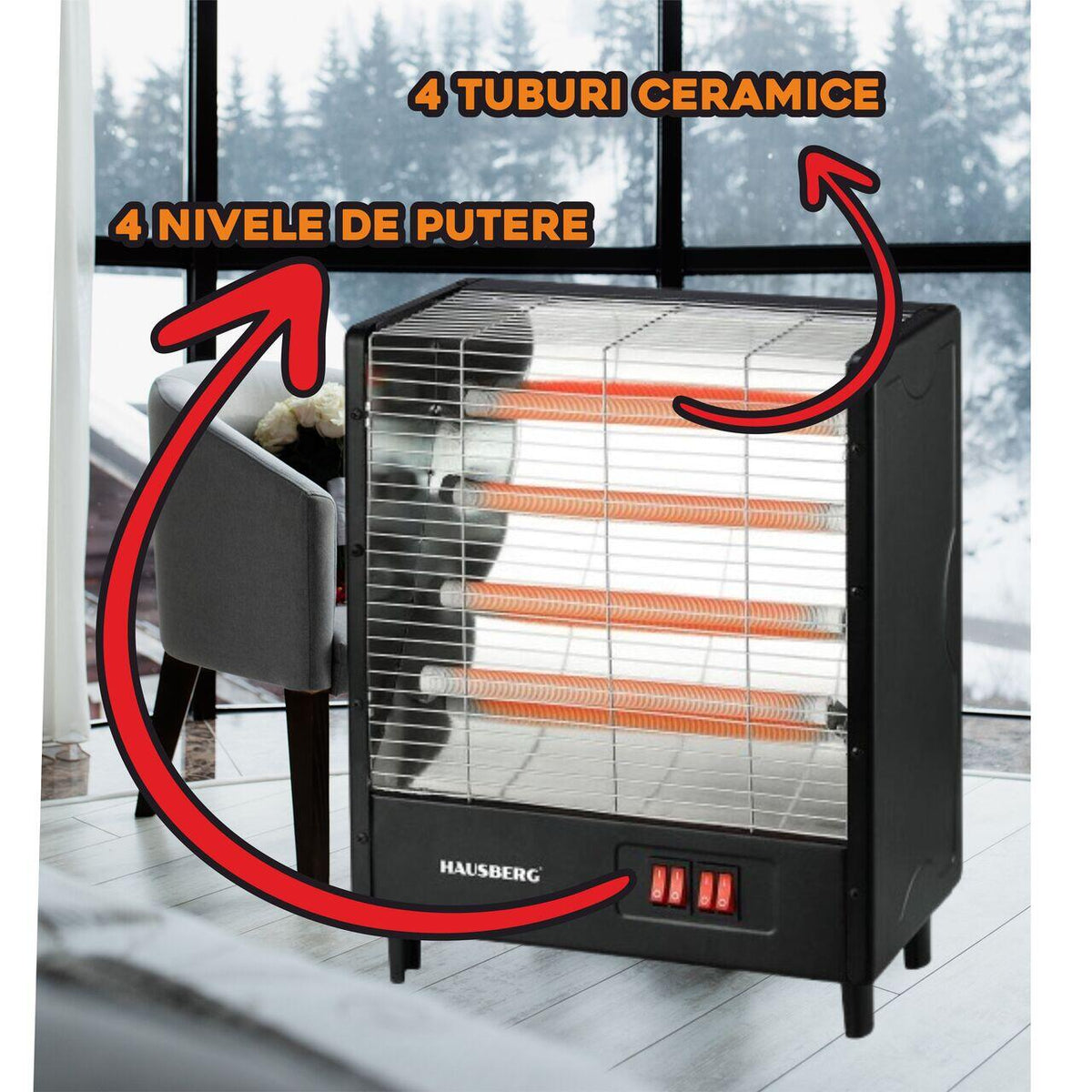 Radiator electric HAUSBERG HB-8803NG, 2000W, 4 nivele de putere, 4 tuburi ceramice