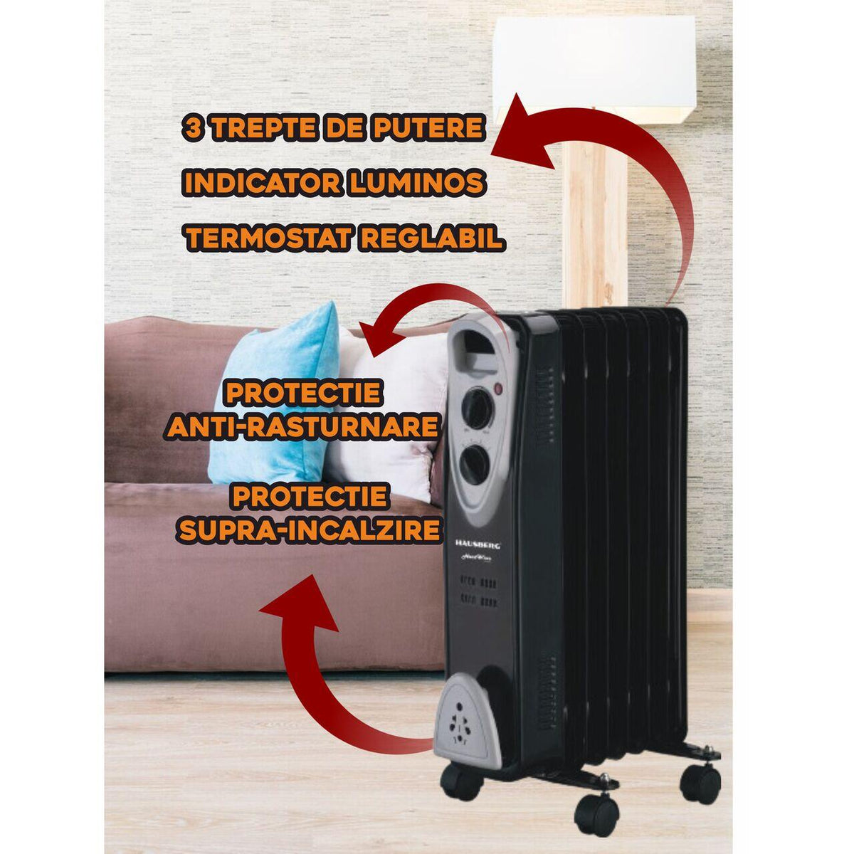 Calorifer electric HAUSBERG HB-8907NG, 1500 W, 7 elementi, 3 trepte de putere, Termostat reglabil, Protectie supra-incalzire, Protectie anti-rasturnare, Indicator luminos