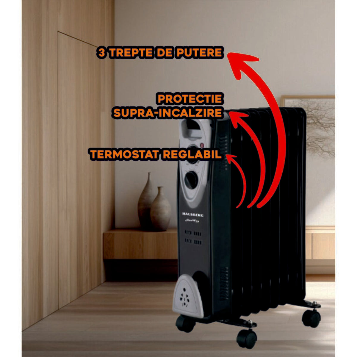 Calorifer electric HAUSBERG HB-8909NG, 2000 W, 9 elementi, 3 trepte de putere, Termostat reglabil, Protectie supra-incalzire, Protectie anti-rasturnare, Indicator luminos