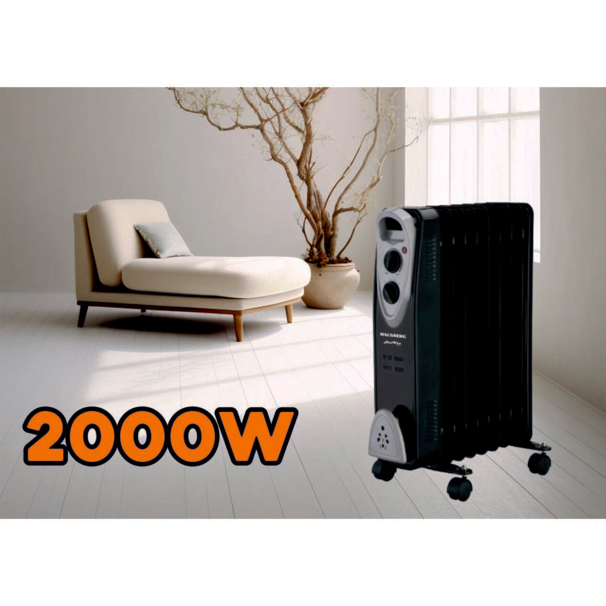 Calorifer electric HAUSBERG HB-8909NG, 2000 W, 9 elementi, 3 trepte de putere, Termostat reglabil, Protectie supra-incalzire, Protectie anti-rasturnare, Indicator luminos