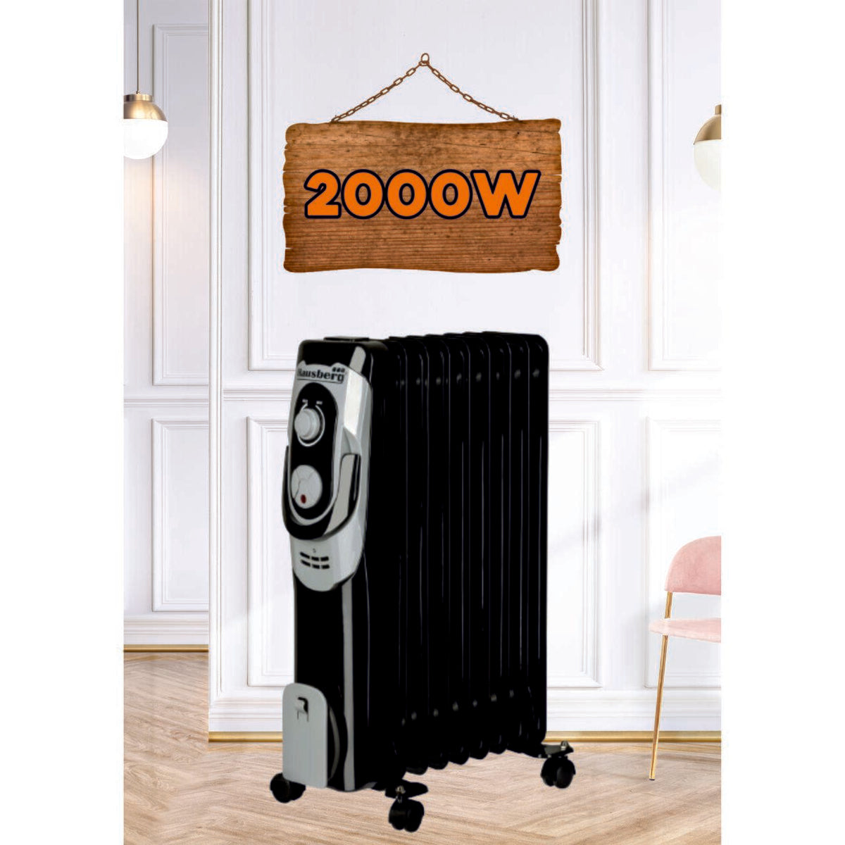 Calorifer electric HAUSBERG HB-8910NG, 2000W, 9 elementi, 3 nivele de putere, termostat reglabil