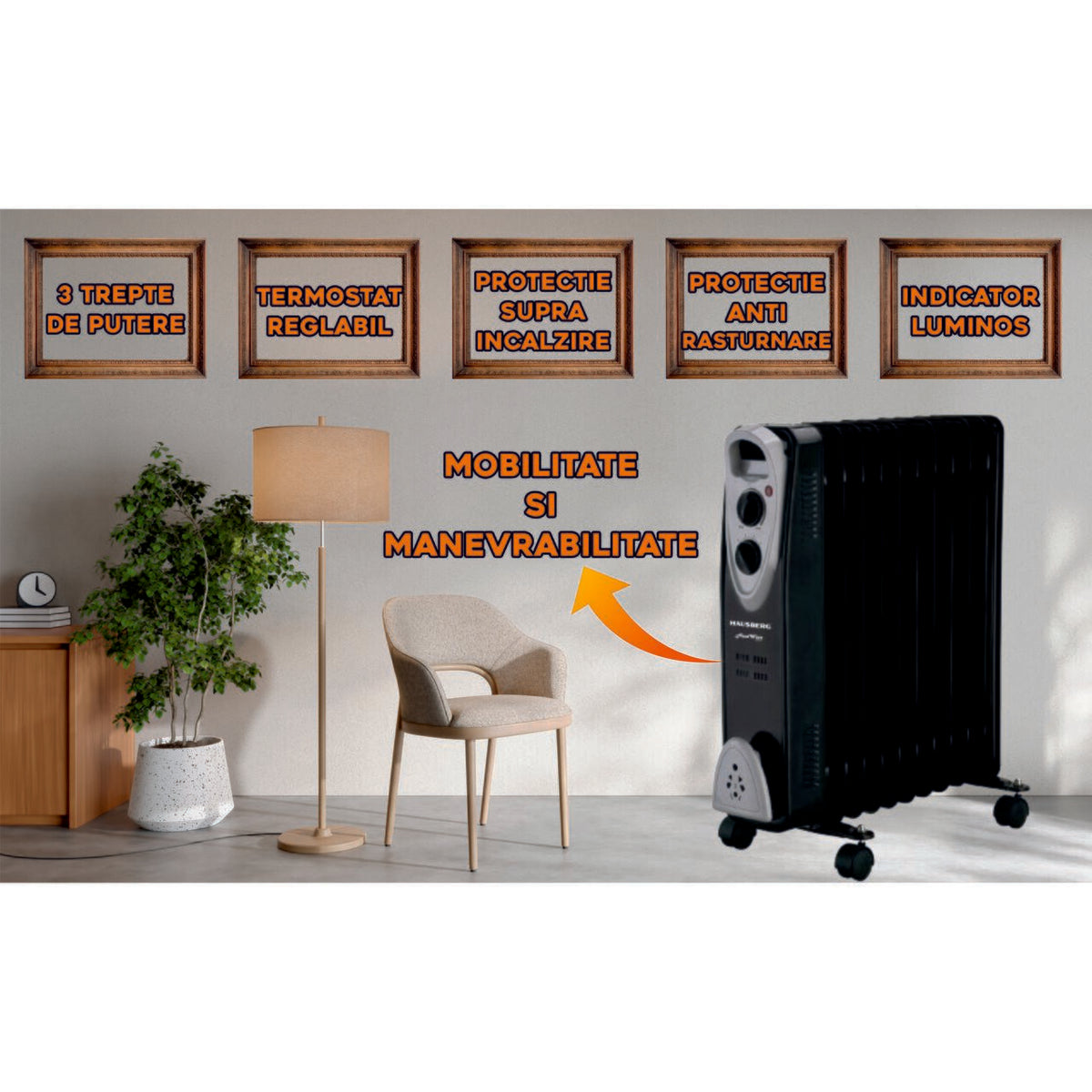 Calorifer electric HAUSBERG HB-8911NG, 2500 W, 11 elementi, 3 trepte de putere, Termostat reglabil, Protectie supra-incalzire, Protectie anti-rasturnare, Indicator luminos