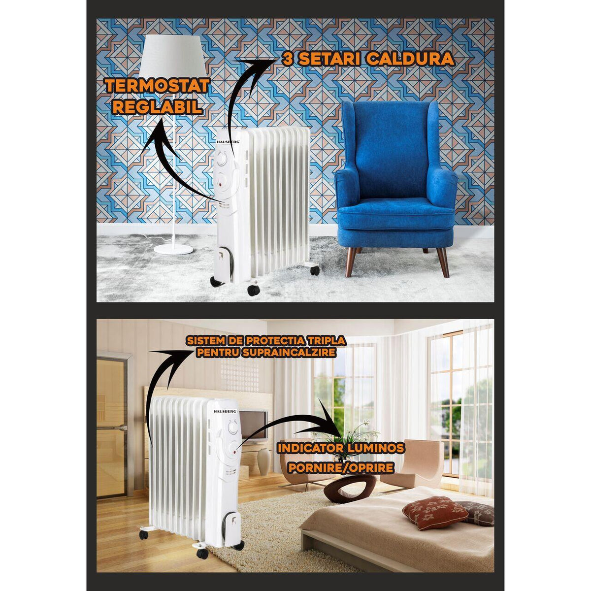 Calorifer electric Hausberg HB-8920AB, 2500 W, 11 elementi, 3 nivele de putere, termostat reglabil, Alb