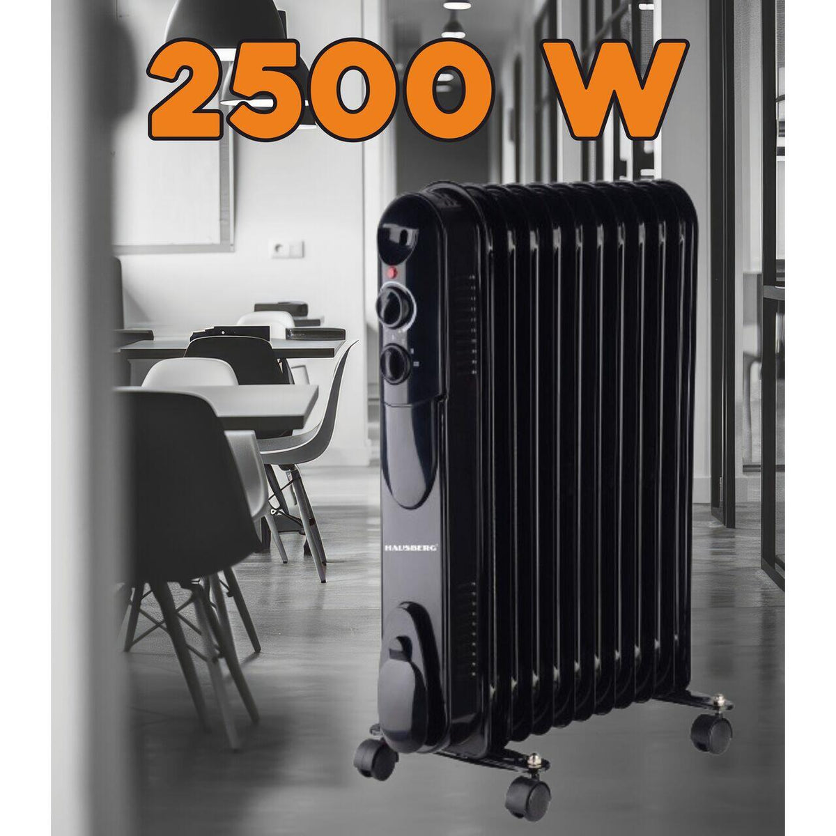 Calorifer electric cu ulei HAUSBERG HB-8925, 3 trepte, 1000-1500-2500 W, 11 elementi 110 mm x 580 mm, termostat reglabil, maner si rotite pentru o deplasare facila, indicator luminos functionare