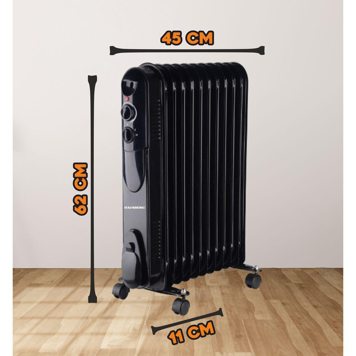 Calorifer electric cu ulei HAUSBERG HB-8925, 3 trepte, 1000-1500-2500 W, 11 elementi 110 mm x 580 mm, termostat reglabil, maner si rotite pentru o deplasare facila, indicator luminos functionare