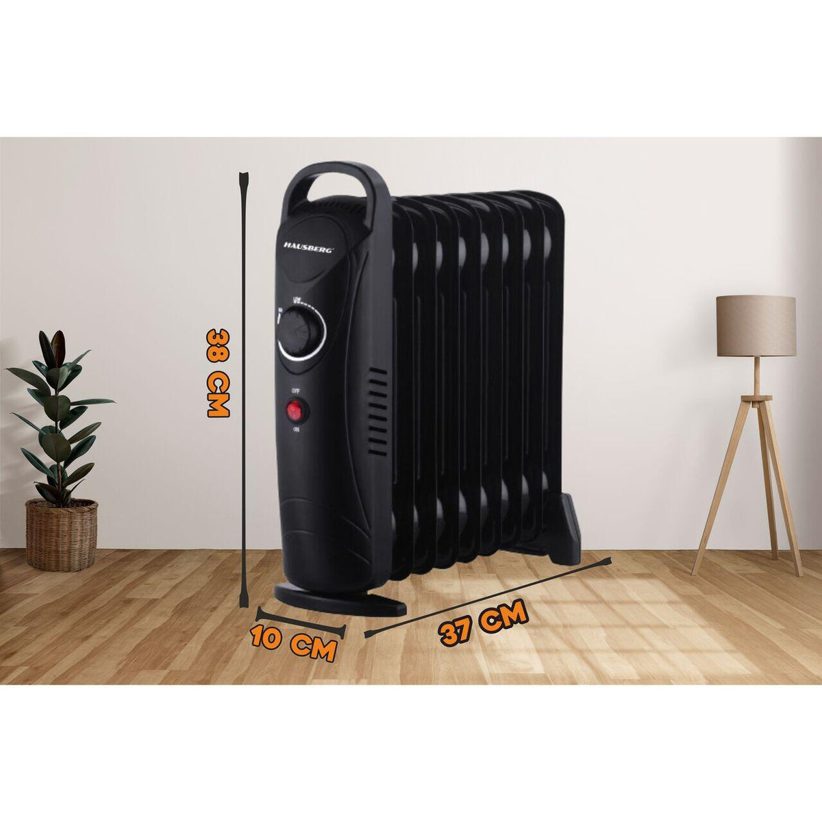 Calorifer electric cu ulei HAUSBERG HB-8945, o singura treapta de incalzire, 1000-1200 W, 9 elementi 110 mm x 330 mm, termostat reglabil, maner si rotite pentru o deplasare facila, indicator luminos functionare
