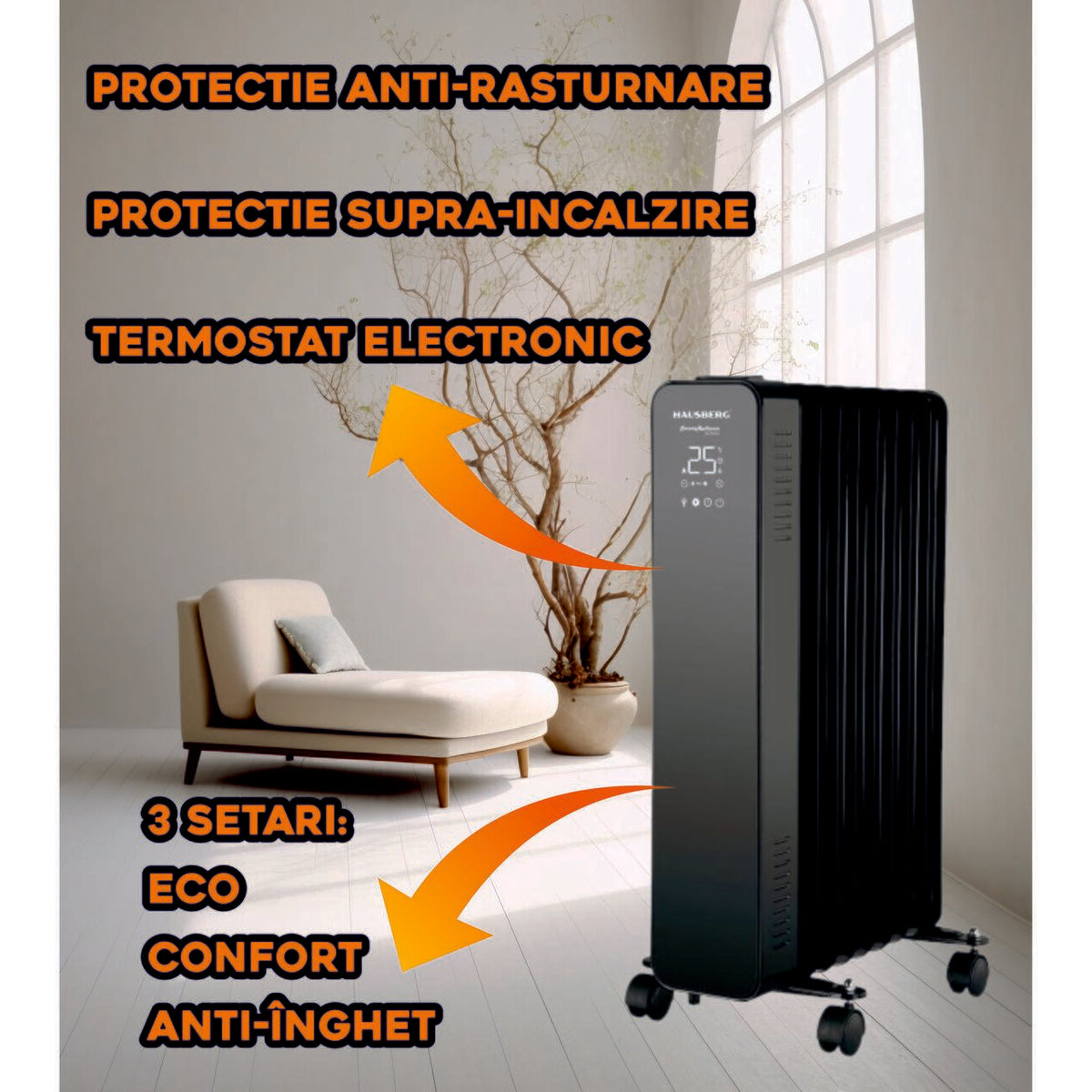 Calorifer electric Digital cu Telecomanda HAUSBERG HB-8950NG, 2000W, 9 elementi, 3 setari, Termostat electronic, Protectie supra-incalzire, Protectie anti-rasturnare