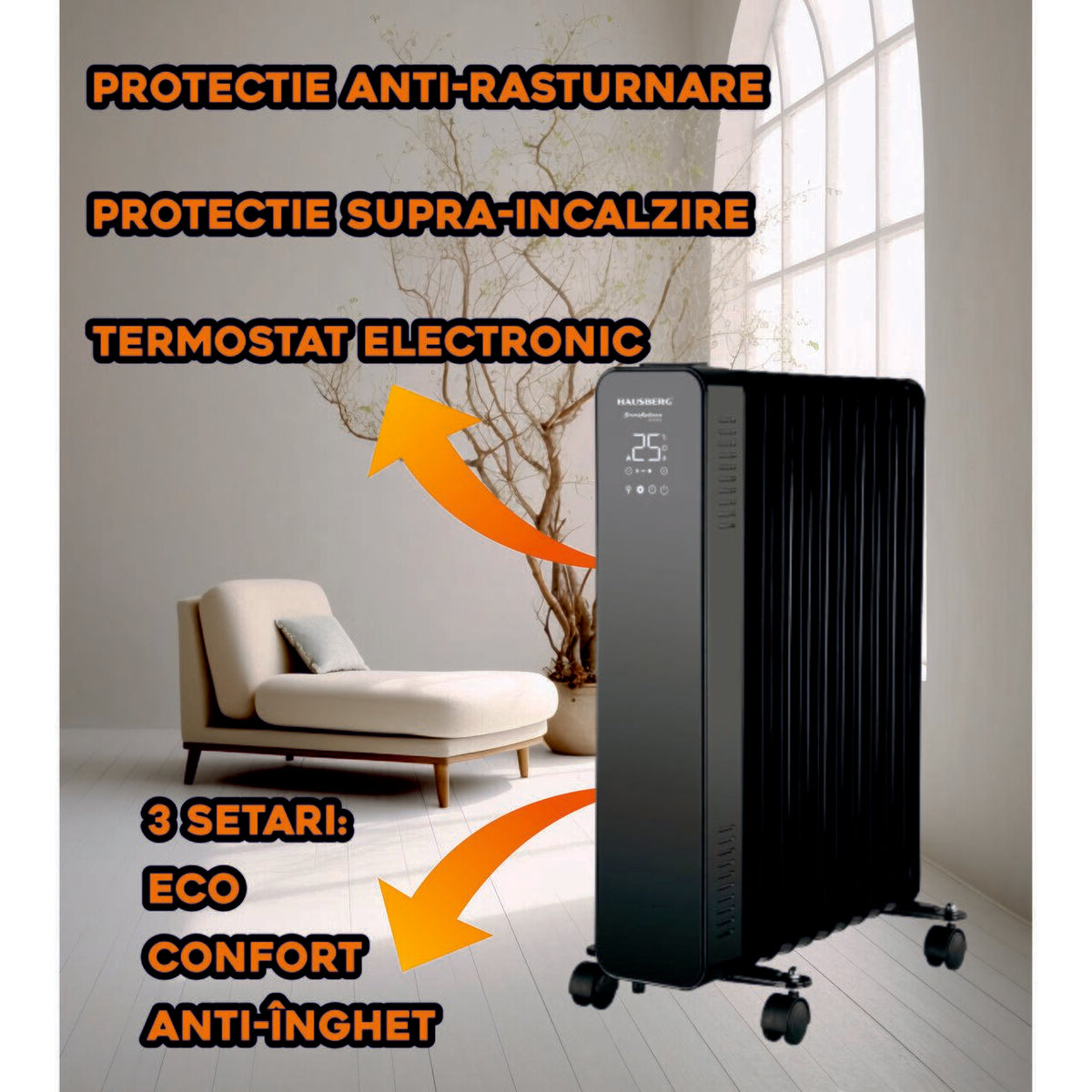 Calorifer electric Digital cu Telecomanda HAUSBERG HB-8955NG, 2500W, 11 elementi, 3 setari, Termostat electronic, Protectie supra-incalzire, Protectie anti-rasturnare