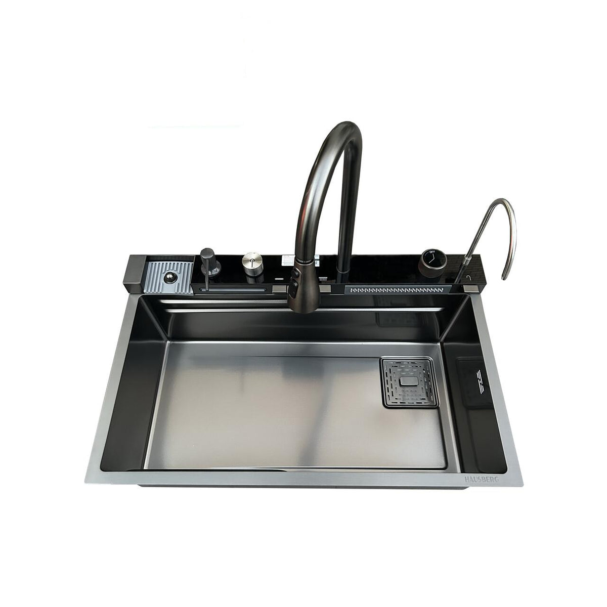 Set chiuveta multifunctionala HAUSBERG HBC-9955NG din otel inoxidabil, baterie dubla, cuva perforata fructe/legume, cuva universala cu dop scurgere, tocator, 750x460x220 mm, accesorii incluse, Negru