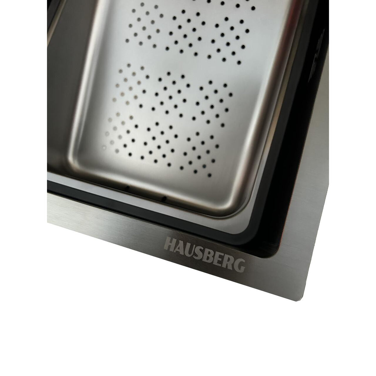 Set chiuveta multifunctionala HAUSBERG HBC-9955NG din otel inoxidabil, baterie dubla, cuva perforata fructe/legume, cuva universala cu dop scurgere, tocator, 750x460x220 mm, accesorii incluse, Negru