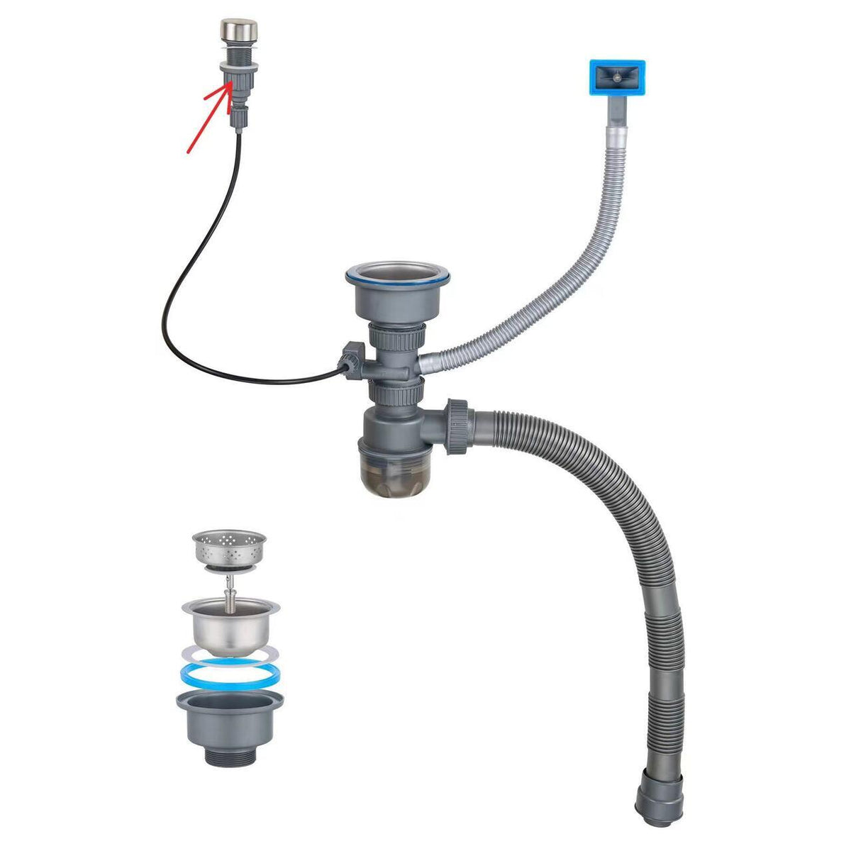 Set chiuveta multifunctionala HAUSBERG HBC-9955NG din otel inoxidabil, baterie dubla, cuva perforata fructe/legume, cuva universala cu dop scurgere, tocator, 750x460x220 mm, accesorii incluse, Negru