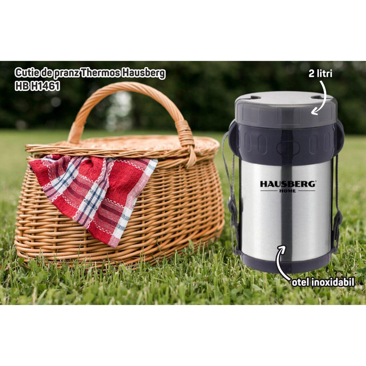Cutie de pranz Thermos Hausberg HB H1461, 2 litri, otel inoxidabil, 3 recipiente separate, lingura, furculita, inox