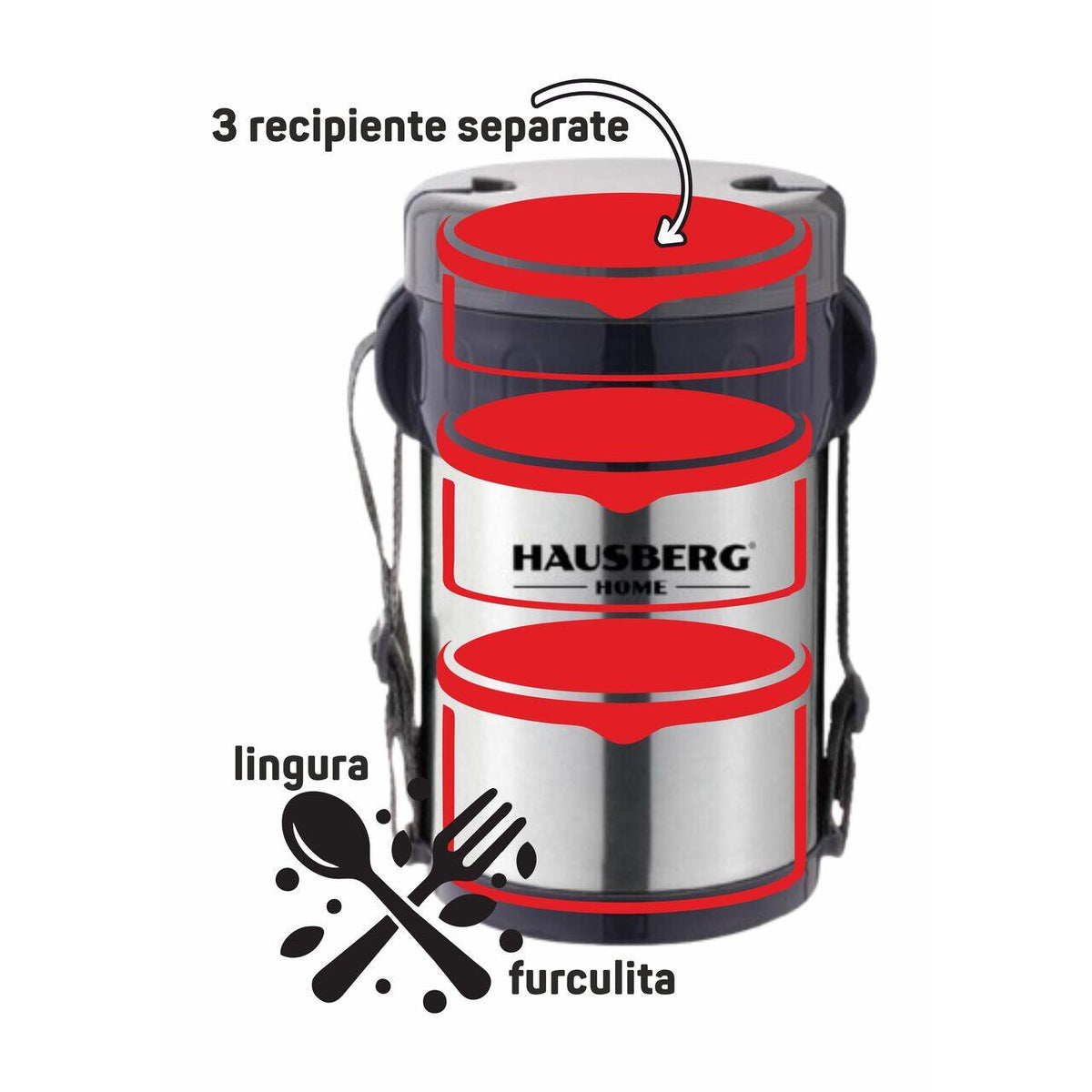 Cutie de pranz Thermos Hausberg HB H1461, 2 litri, otel inoxidabil, 3 recipiente separate, lingura, furculita, inox