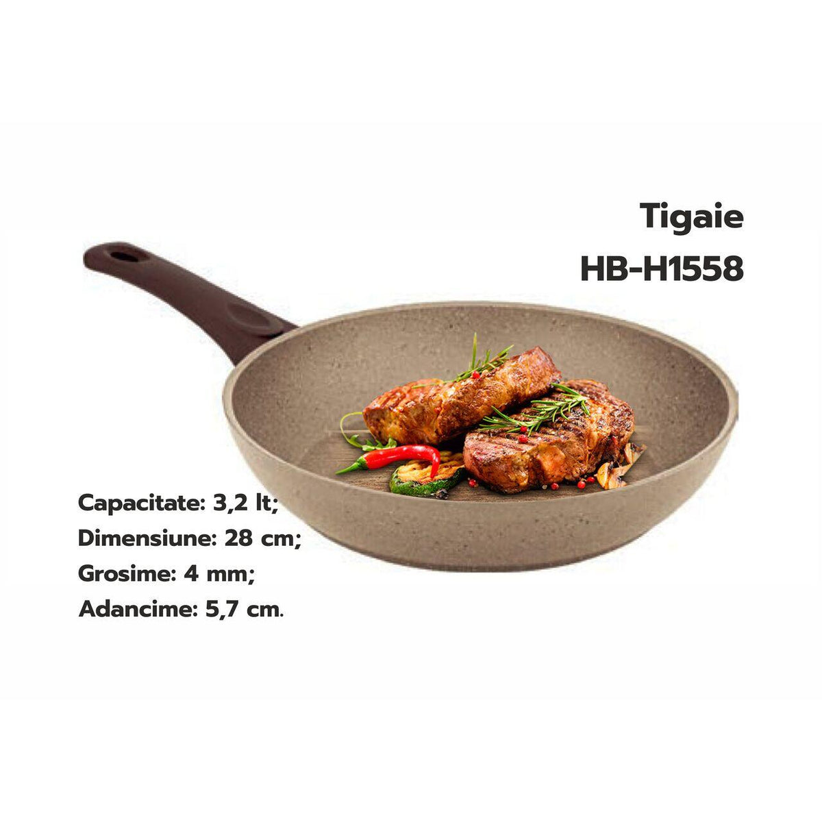 Tigaie HAUSBERG HB-H1558, 28cm, 3.2L, piatra de granit presat din aluminiu