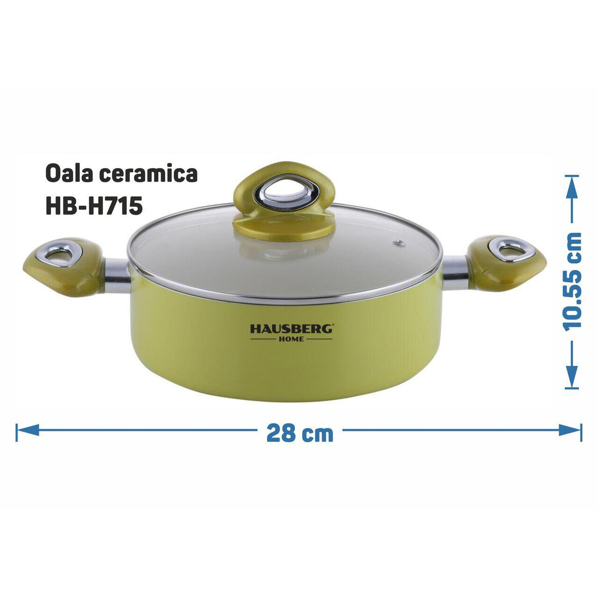 Oala ceramica HAUSBERG HB-H715GA, 4.5L, aluminiu, interior antiaderent, manere silicon, galben, 28x10.5cm