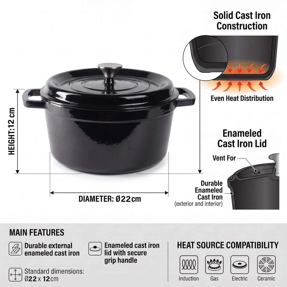 Oală din fontă emailată Hausberg HB-H742NG 22cm, 3L negru